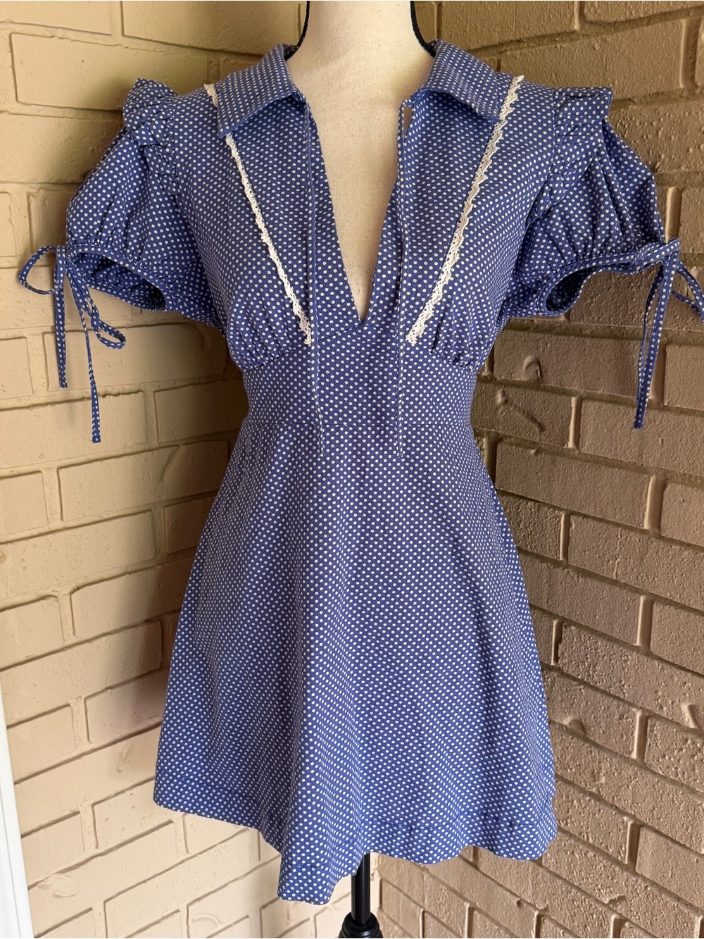 Free People Dottie Mini Dress Polka Dot Summer Dress Lace Bows Milkmaid Size S